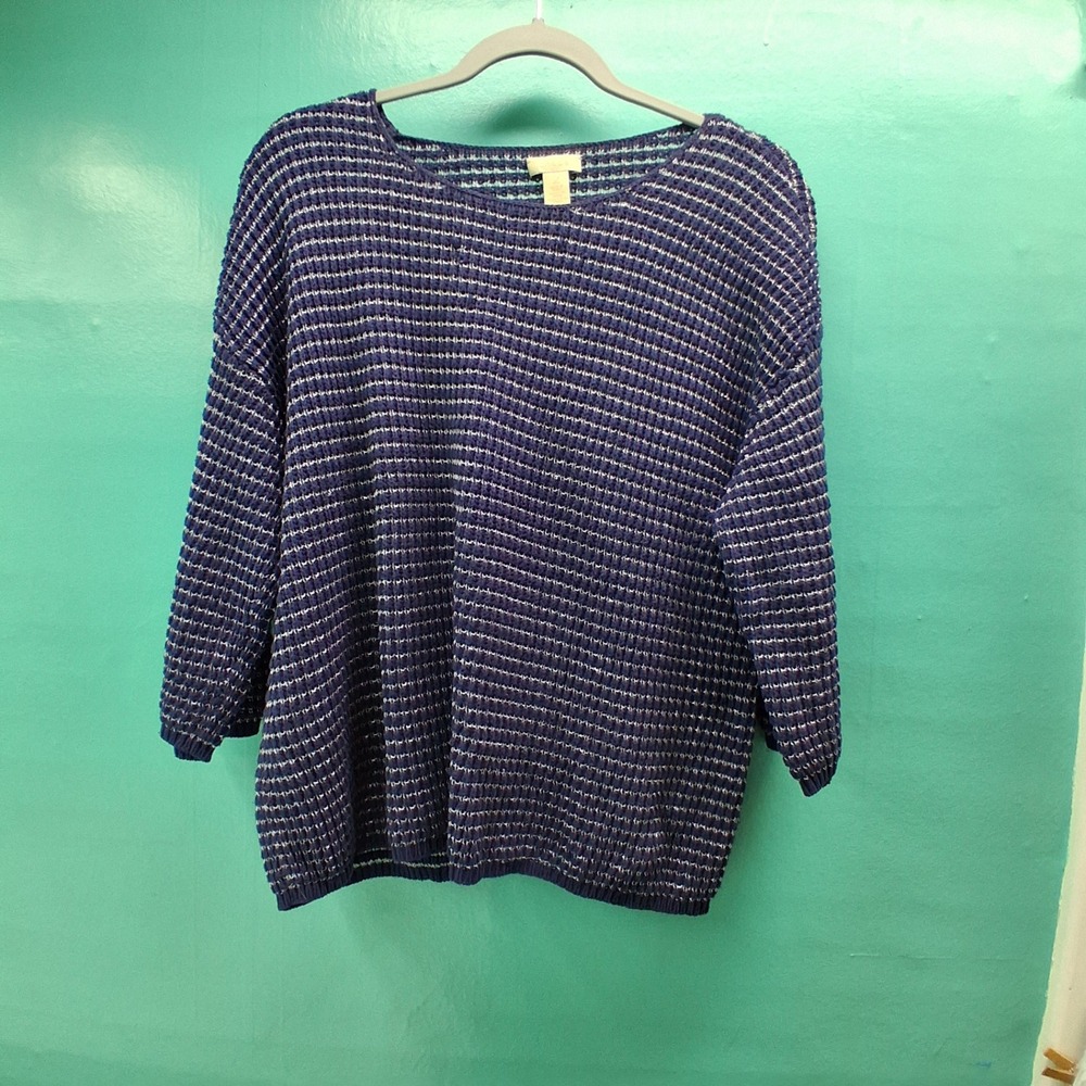 Chico's Knit Sweater Size 2 Blue Silver Metallic Striped Scoop Neck Pullover